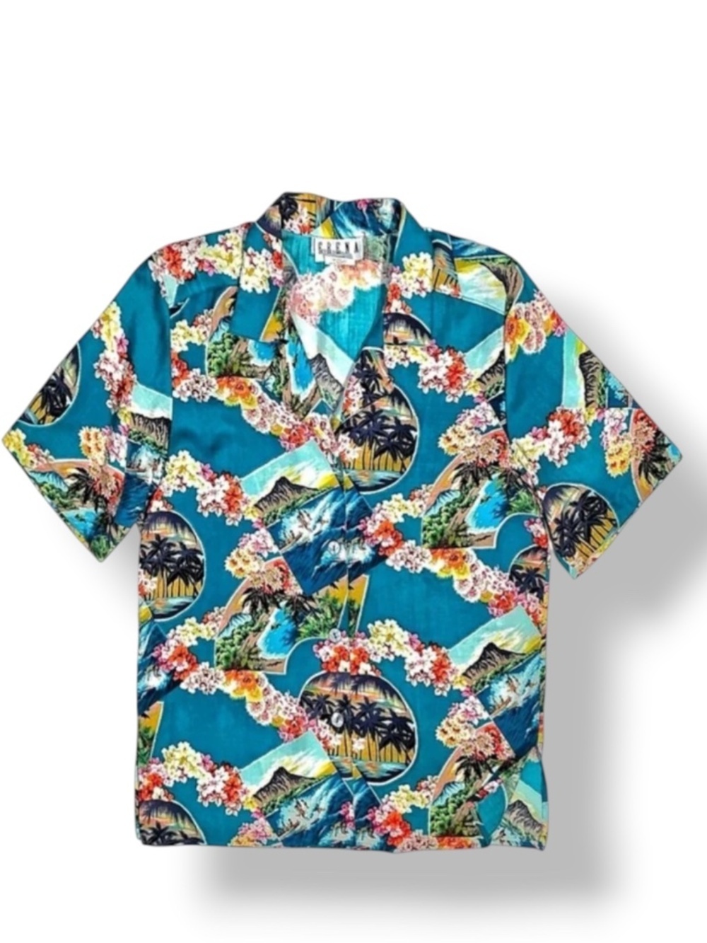 Erena Hawaiian Aloha Vintage Shirt Women Tropical Button up Teal Petite Medium